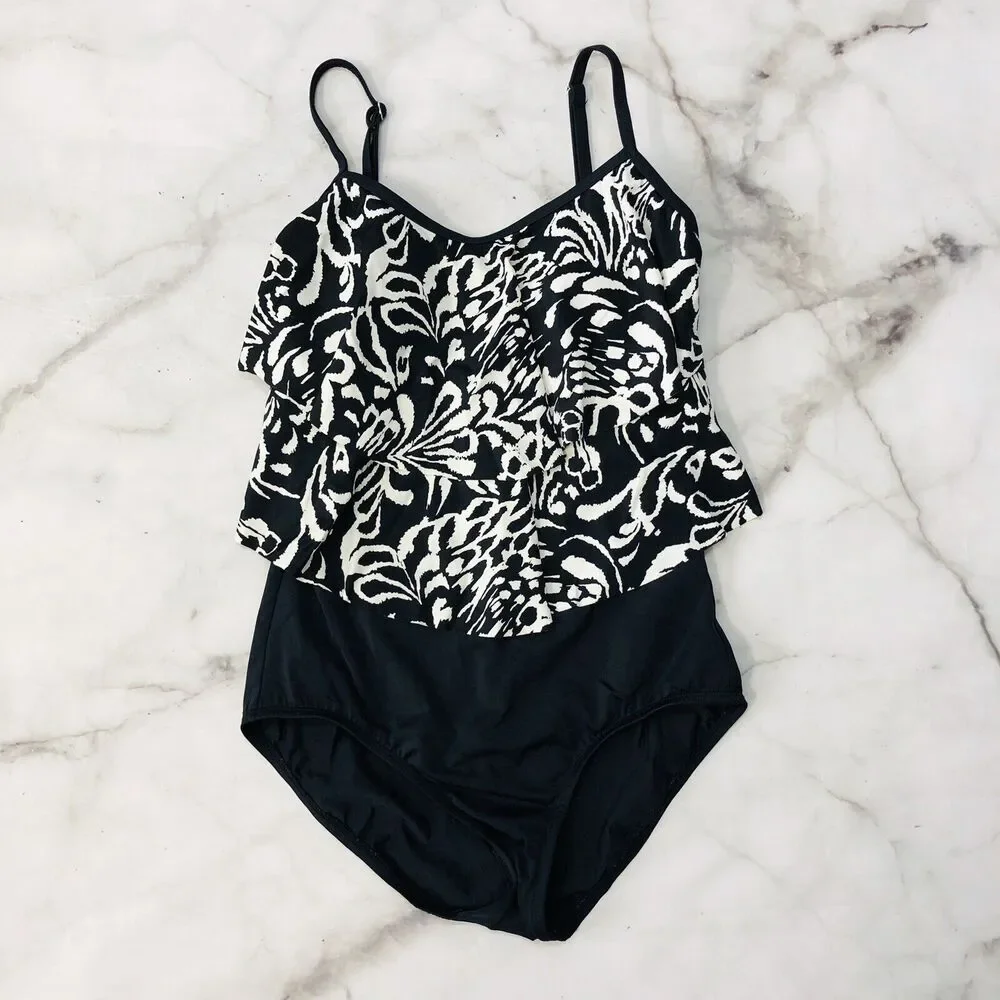 Jantzen Womens One Piece Swimsuit Size 8 Black Ruffled Tiered Floral